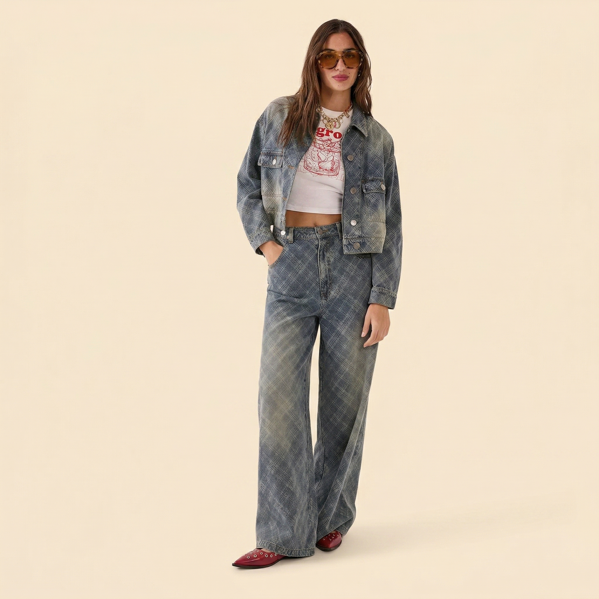 Woman in a music festival denim jacket