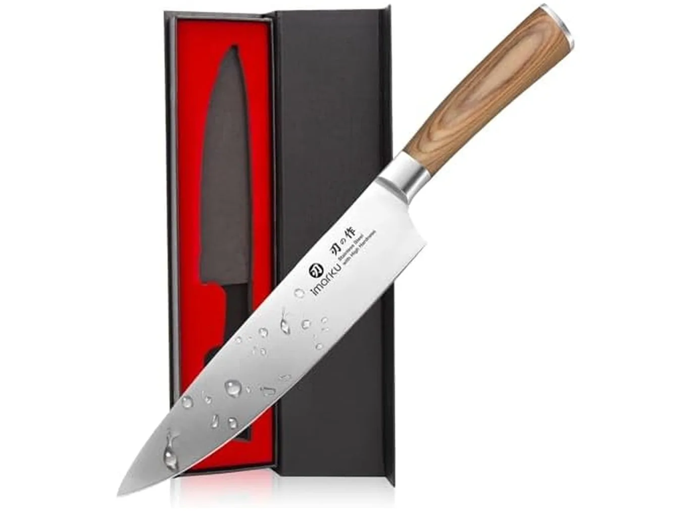 imarku 8 inch gyutou chef knife with a golden handle and curved stainless steel blade