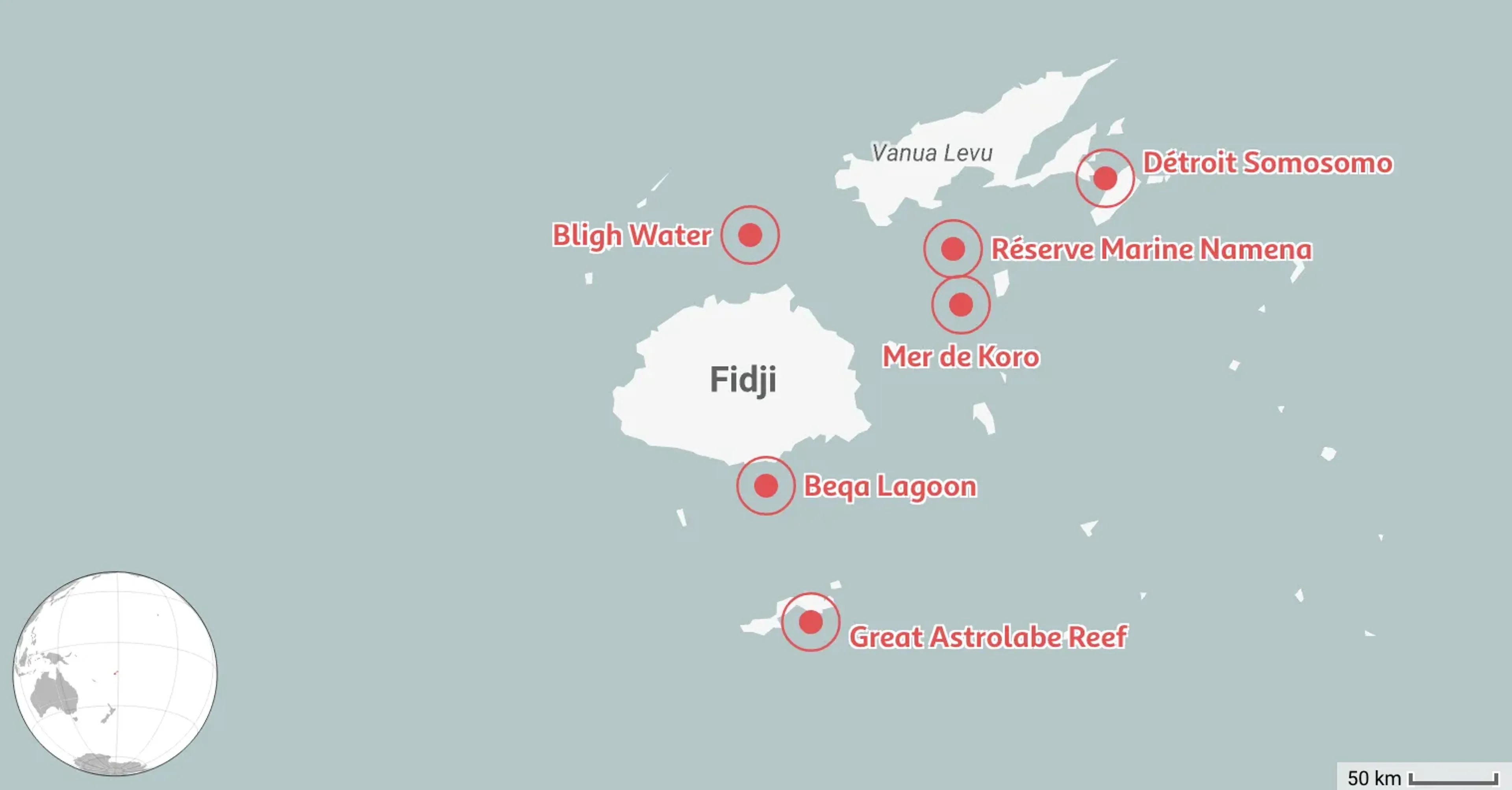 Carte des 6 meilleurs endroits où plonger aux Fidji