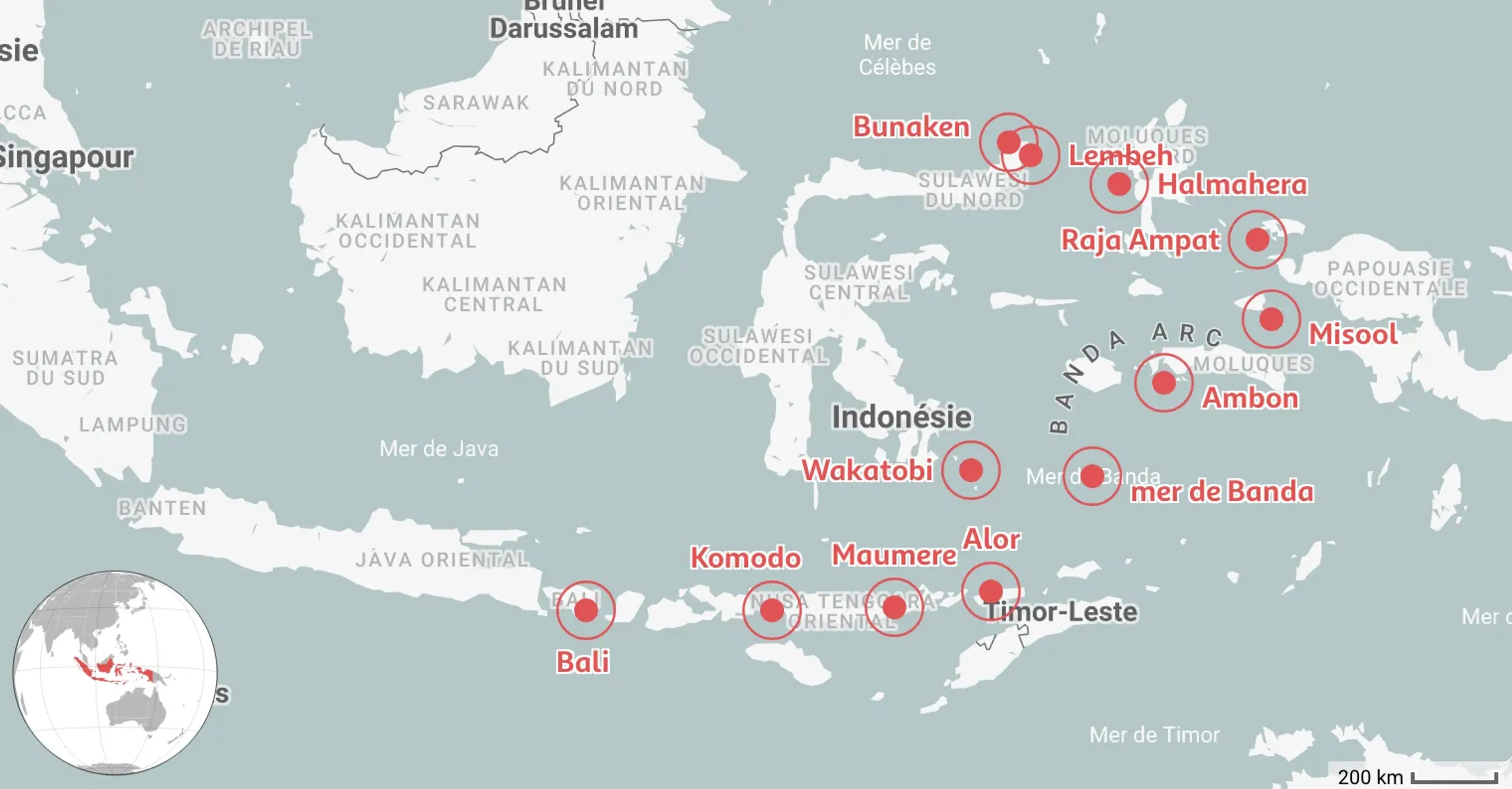 Carte des 12 meilleurs endroits où plonger en Indonésie