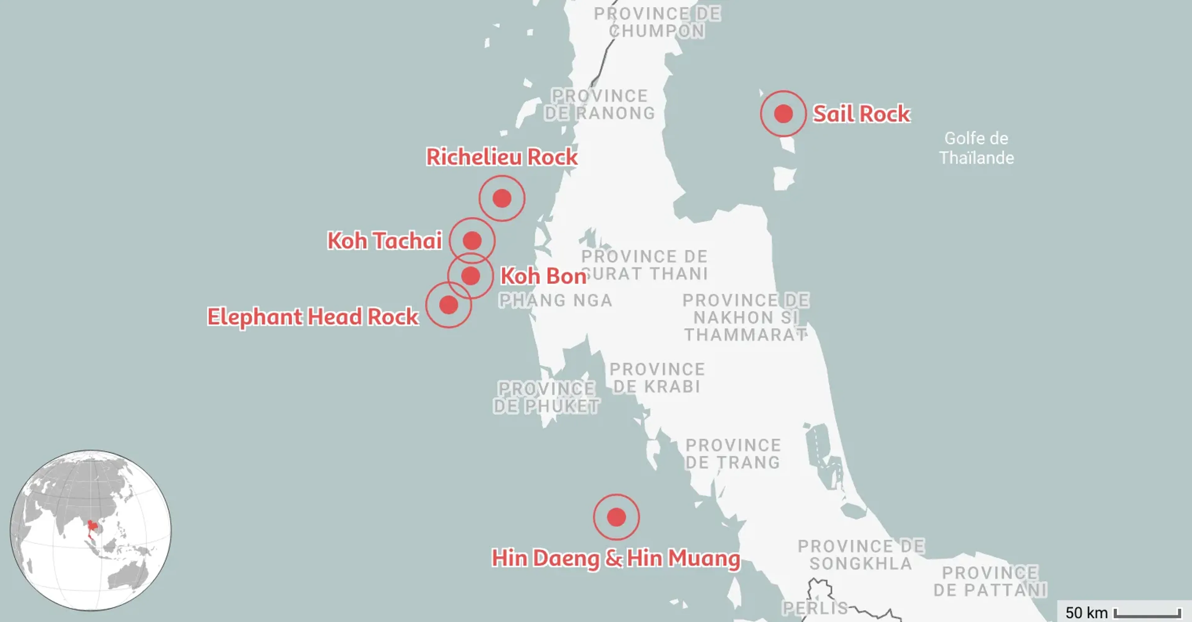 Carte des 6 meilleurs endroits où plonger en Thaïlande