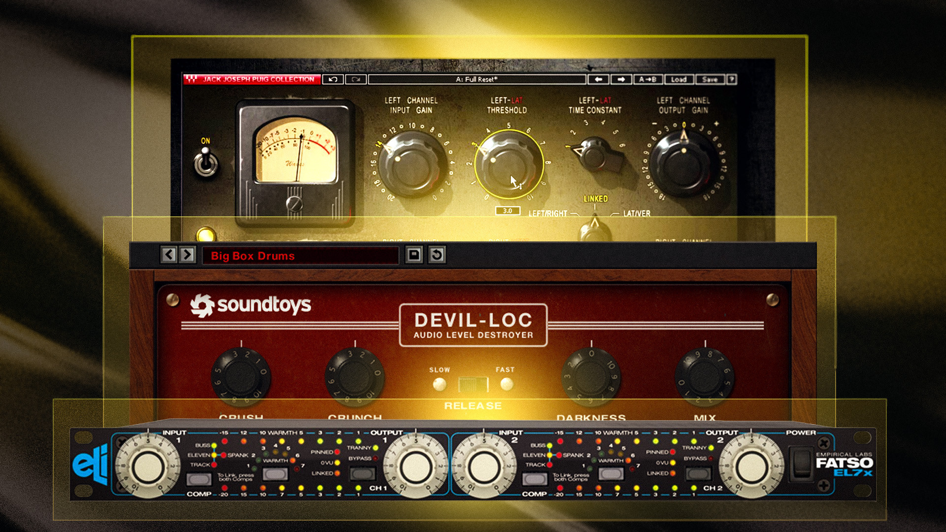 三款标志性的混音插件，代表 Andrew Scheps 的创意哲学：Waves PuigChild 670 提供复古的黏合感，Empirical Labs Fatso 带来力度与粗糙感，SoundToys Devil-Loc 则是模板中狂野且不可预测的元素。