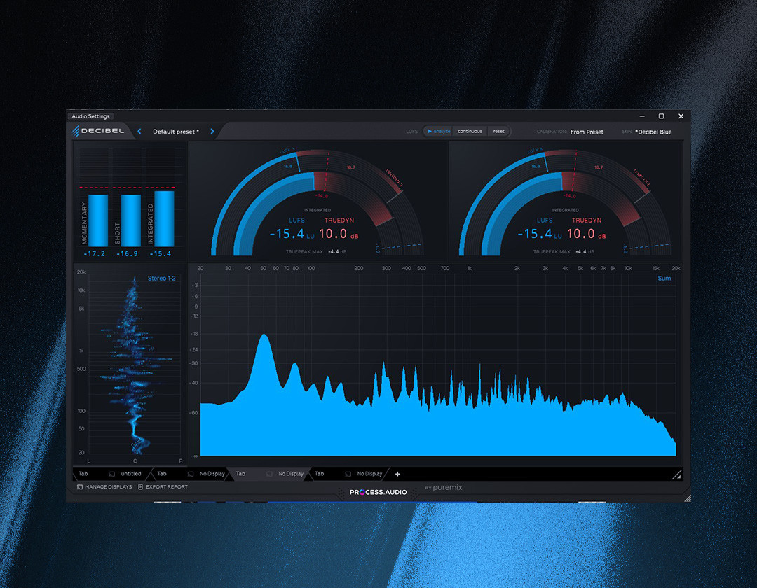 Interface do Process.Audio Decibel mostrando LUFS, true peak, análise estéreo e painel de medição full‑spectrum — melhor plugin de medição