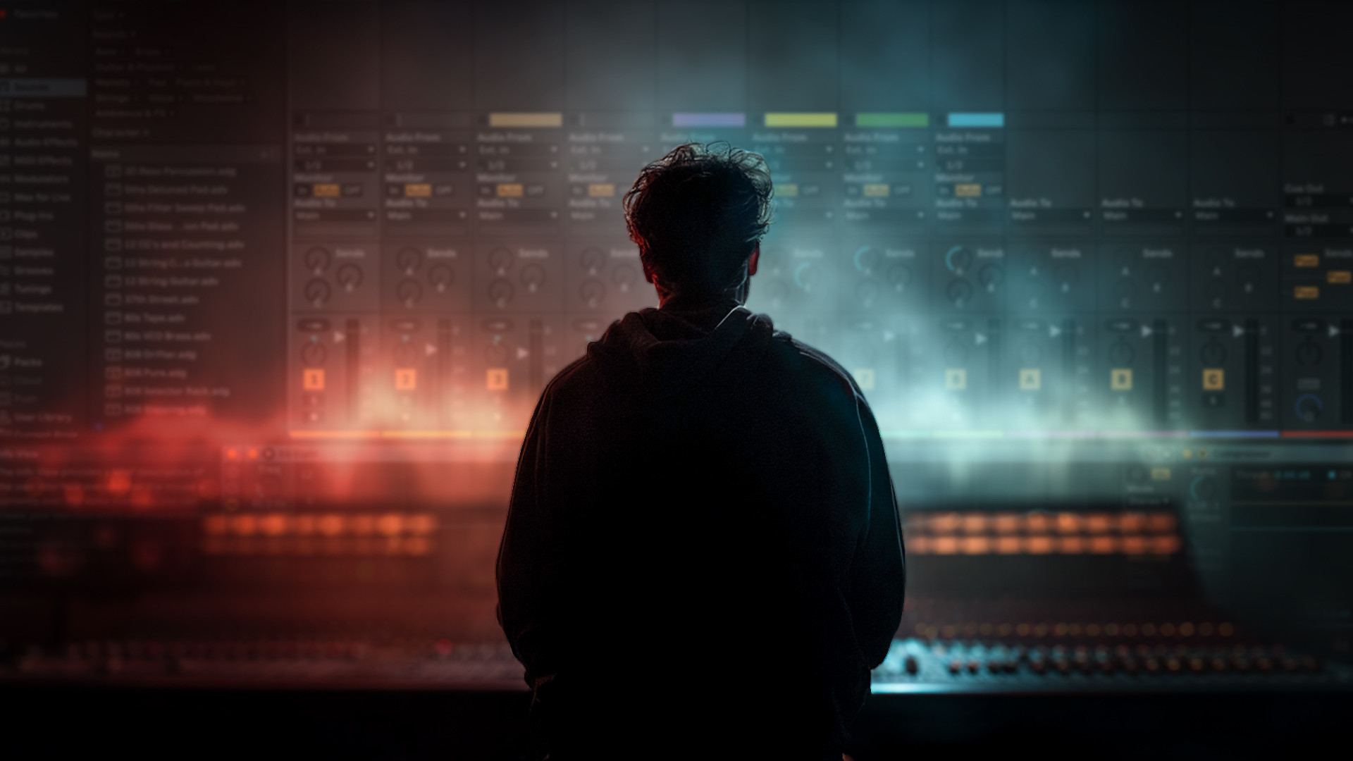 Ilustração de imagem estéreo criativa de um engenheiro de mixagem cercado por equipamentos de estúdio, visualizando o campo estéreo e as ondas sonoras de uma mixagem poderosa e imersiva.