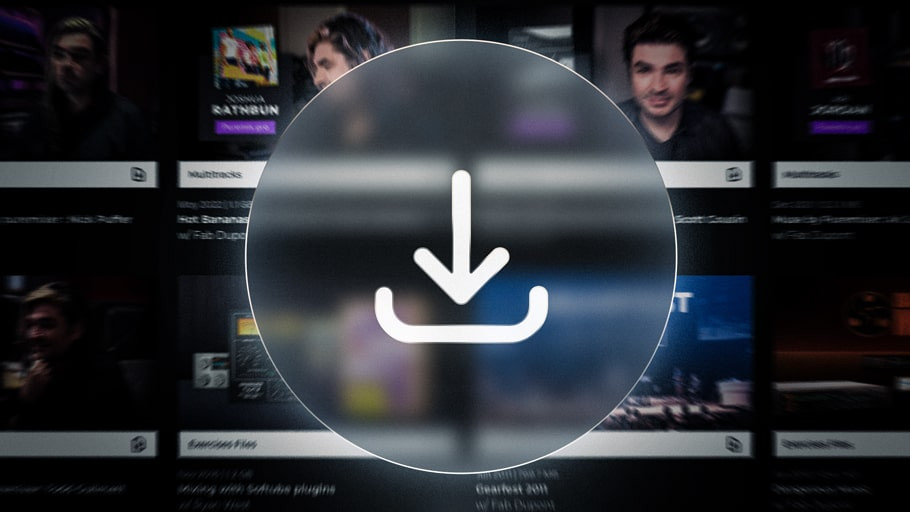 Illustration representing Puremix multitrack downloads, showing icons for audio files and a download button, symbolizing access to free multitracks and mixing sessions on puremix.com.