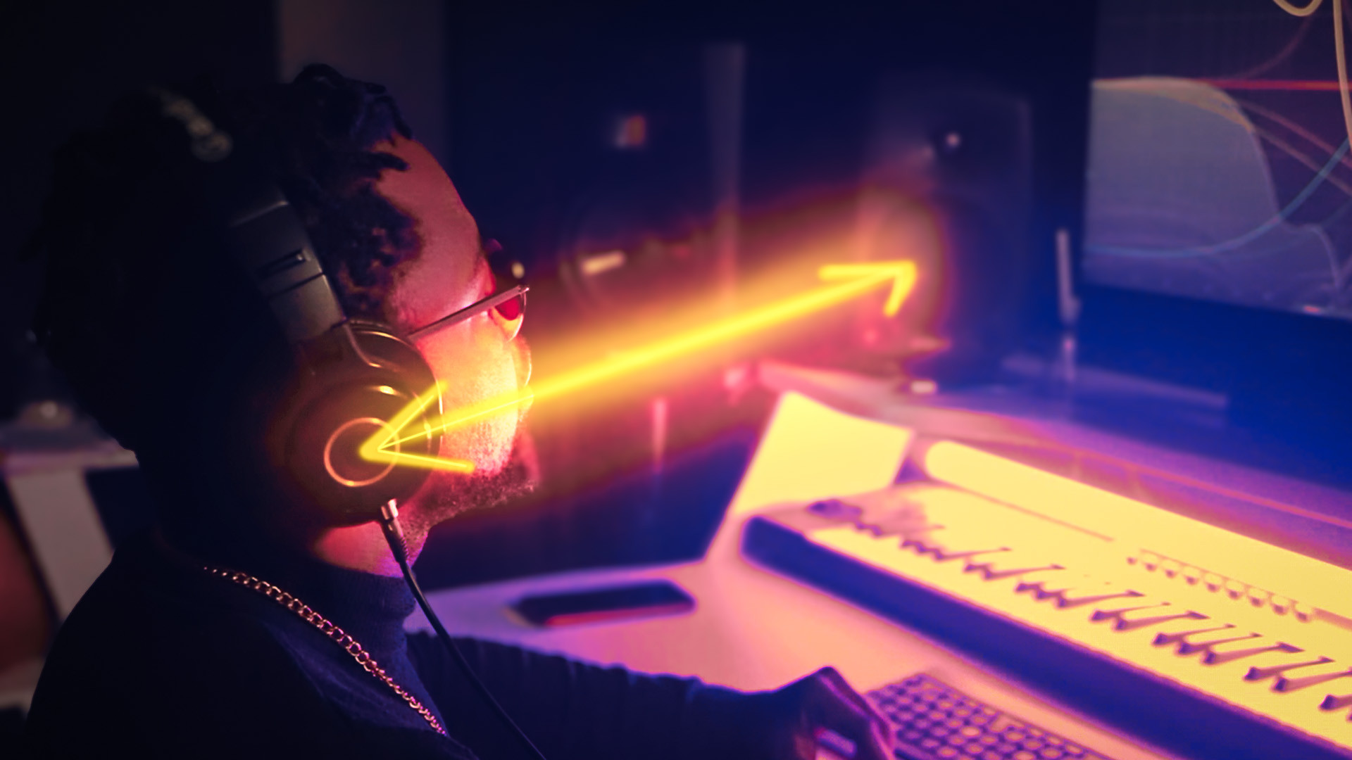Mixing engineer working with headphones and studio monitors, connected by a glowing arrow to represent “The Translation Principle: Making Mixes Travel” and the relationship between headphone and speaker playback.
