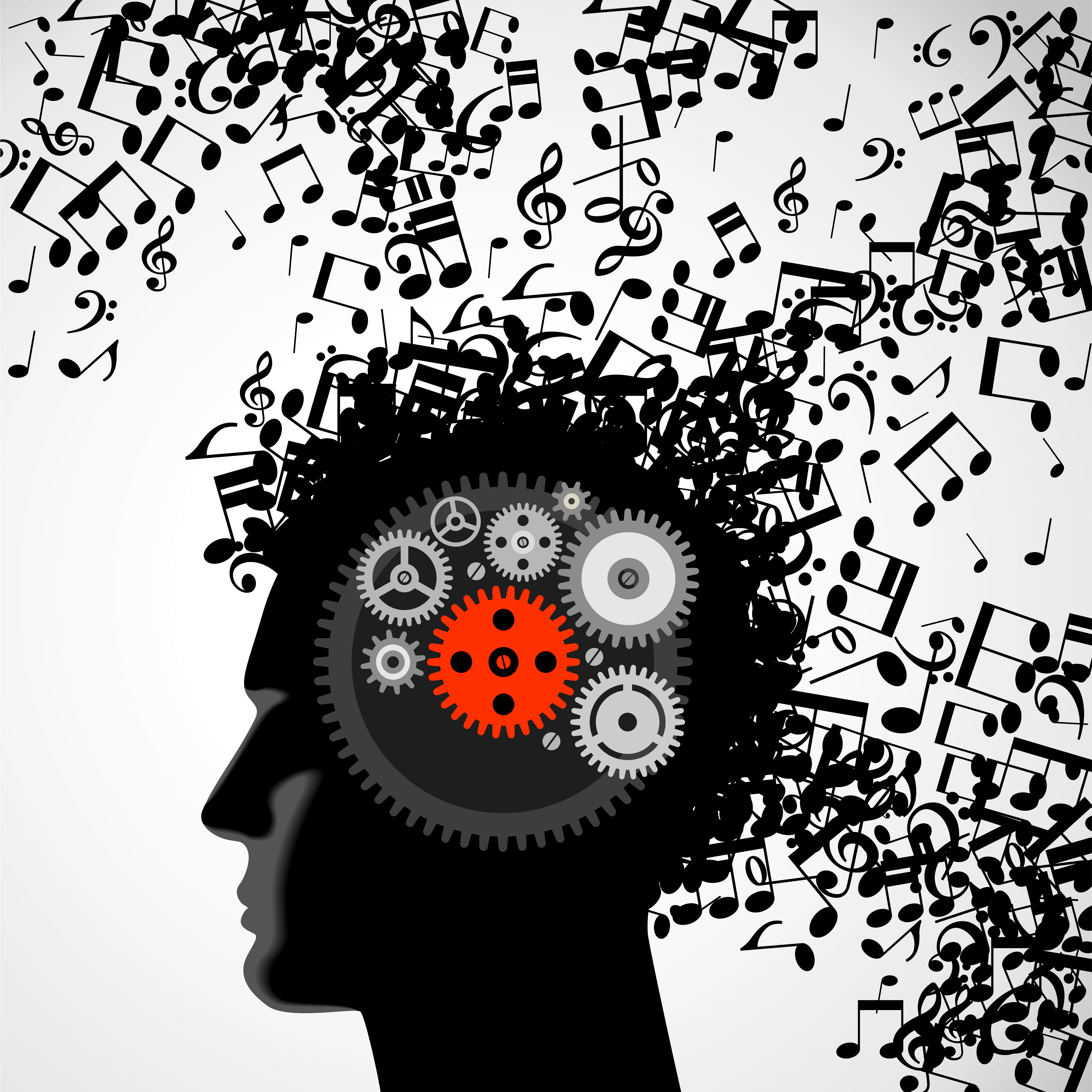 musical notes and gears in brain graphic