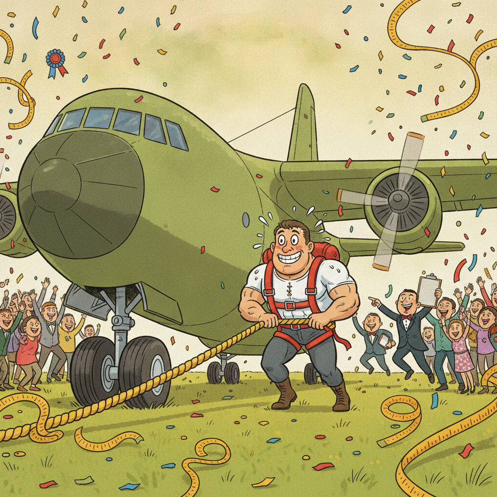 A triumphant cartoon of a muscular man wearing a thick heavy-duty pulling harness, leaning forward with a giant thick rope attached to the front gear of an absolutely massive military cargo plane. The man is grinning through the physical effort, sweat flying off his forehead. A crowd of amazed onlookers and official judges with clipboards are jumping in the air, throwing confetti and cheering wildly as the giant wheels of the plane roll forward.