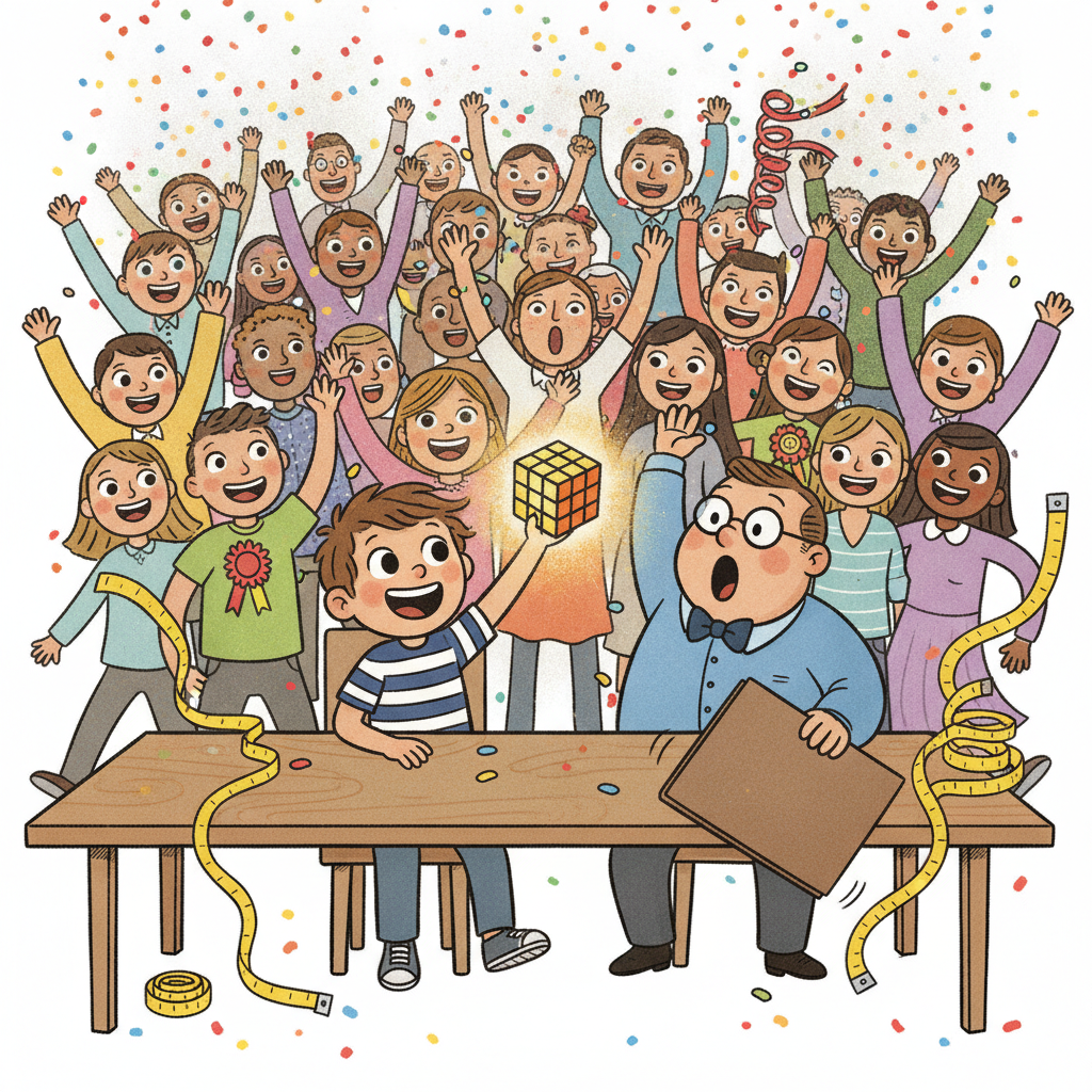 A vibrant, celebratory cartoon showing a joyful young hero sitting at a tournament table, proudly holding up a perfectly solved, glowing puzzle cube. A nearby official in a collared shirt drops his clipboard, his jaw hanging wide open in absolute shock. Behind them, a massive crowd of ecstatic fans is jumping out of their seats, tossing confetti, and pumping their fists in the air. Absolutely no words, signs, numbers, or lettering appear anywhere in the scene.