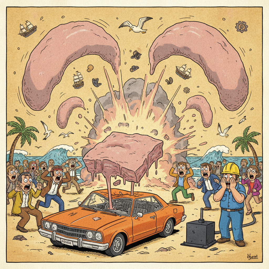 A massive explosion on a sandy beach launches colossal, sloppy chunks of pink and gray blubber high into the sky, arcing directly toward a crowd of terrified, wide-eyed onlookers in 1970s clothing. In the foreground, a gigantic, heavy slab of wet whale meat is frozen mid-air just inches above the severely crumpled, caved-in roof of a classic parked car. Seagulls scatter in absolute panic through the chaotic, debris-filled sky, while a highway engineer in a hard hat stands near the plunger, watching the disaster unfold with his hands clamped over his face in horror.
