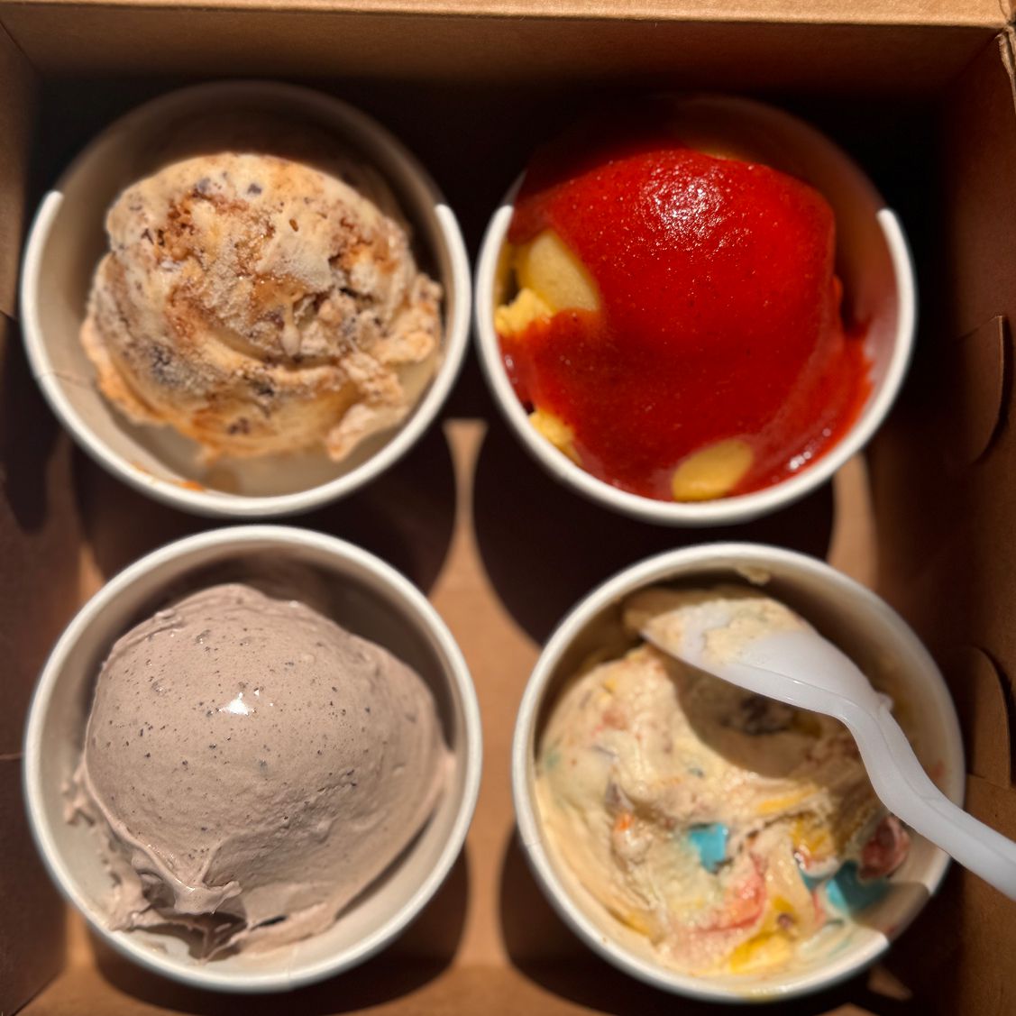 A flight of four ice cream flavors from Bold Batch Creamery