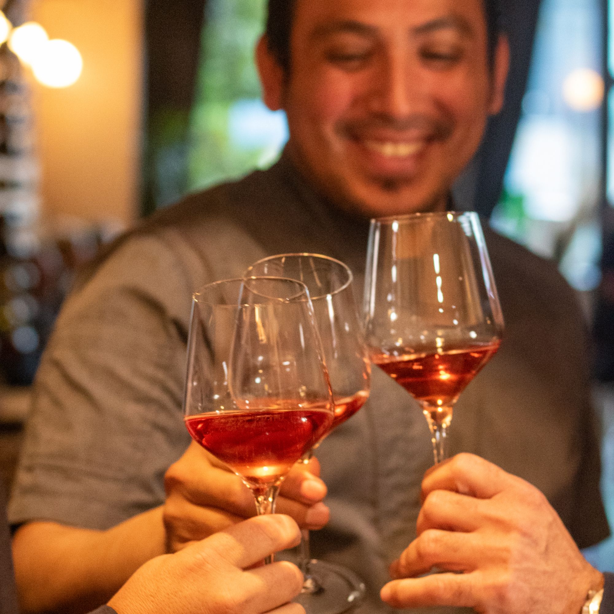 Photo of people clinking wine glasses together with Morgan smiling in the background
