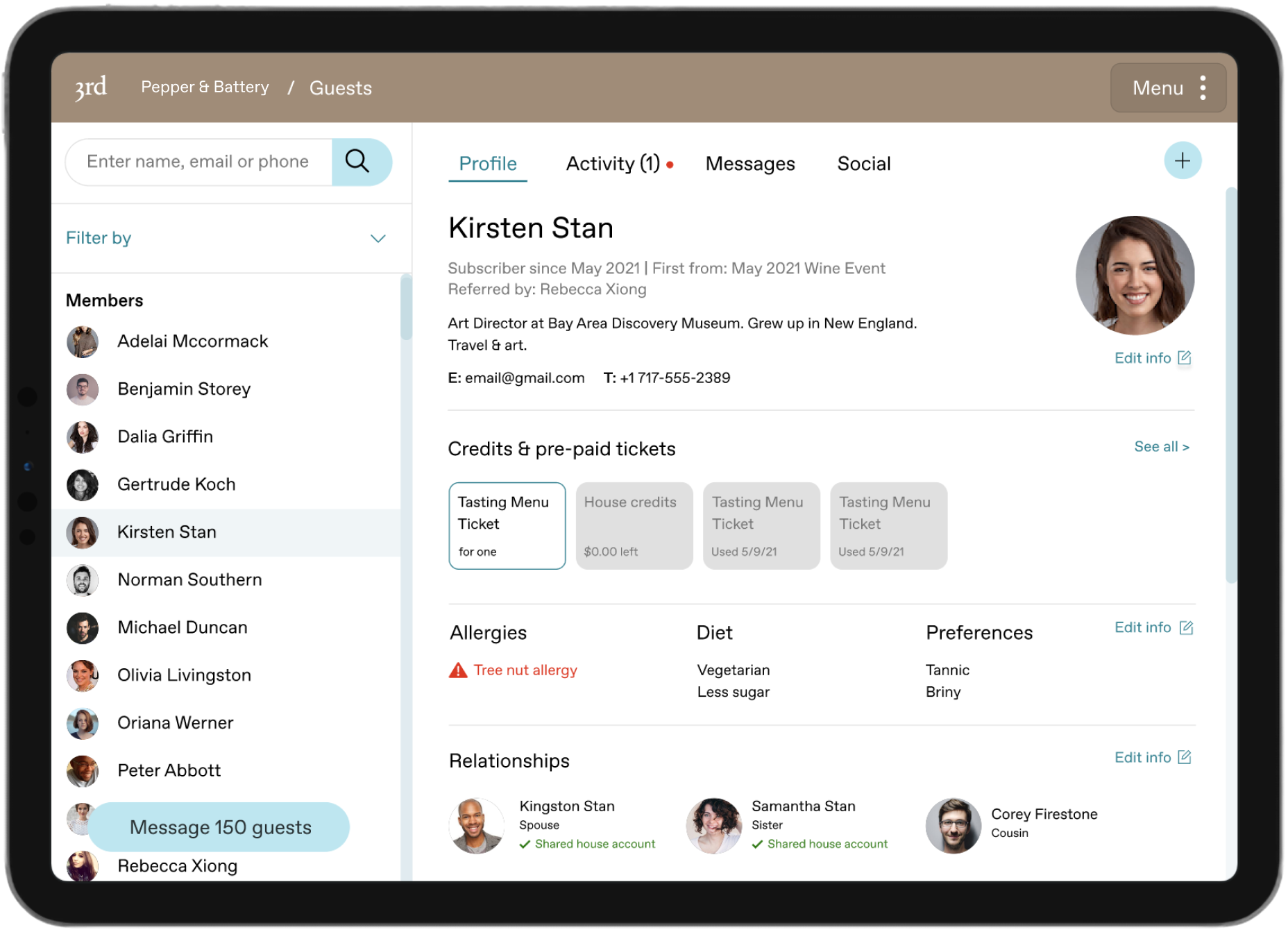 The Third Place's dashboard, showing an example customer and all their info in one place.