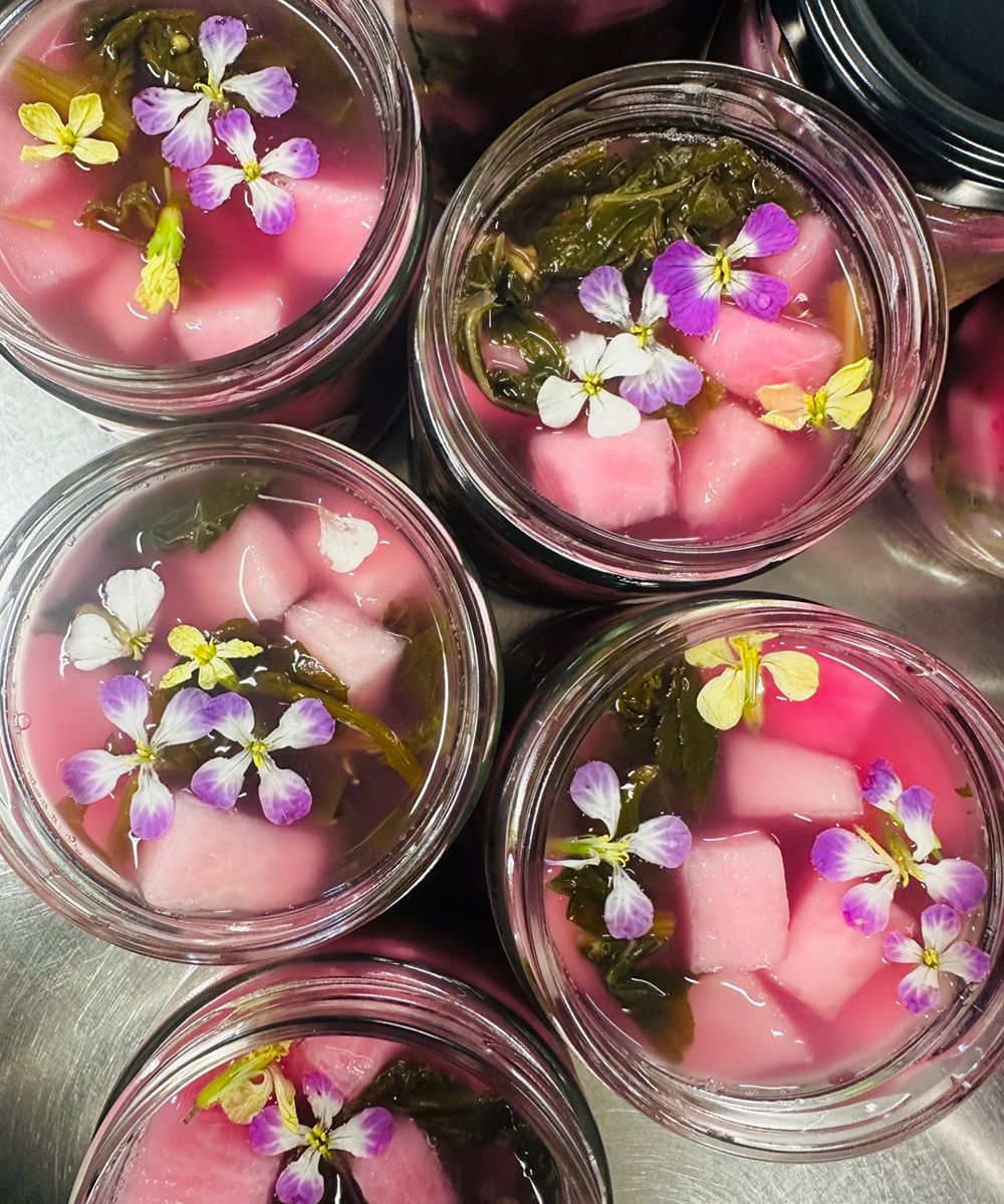 **Wild Foraged Radish Kimchi**  
Daikon radish and foraged wild radish leaves, pods, and blossoms. A short, bright spring jar.