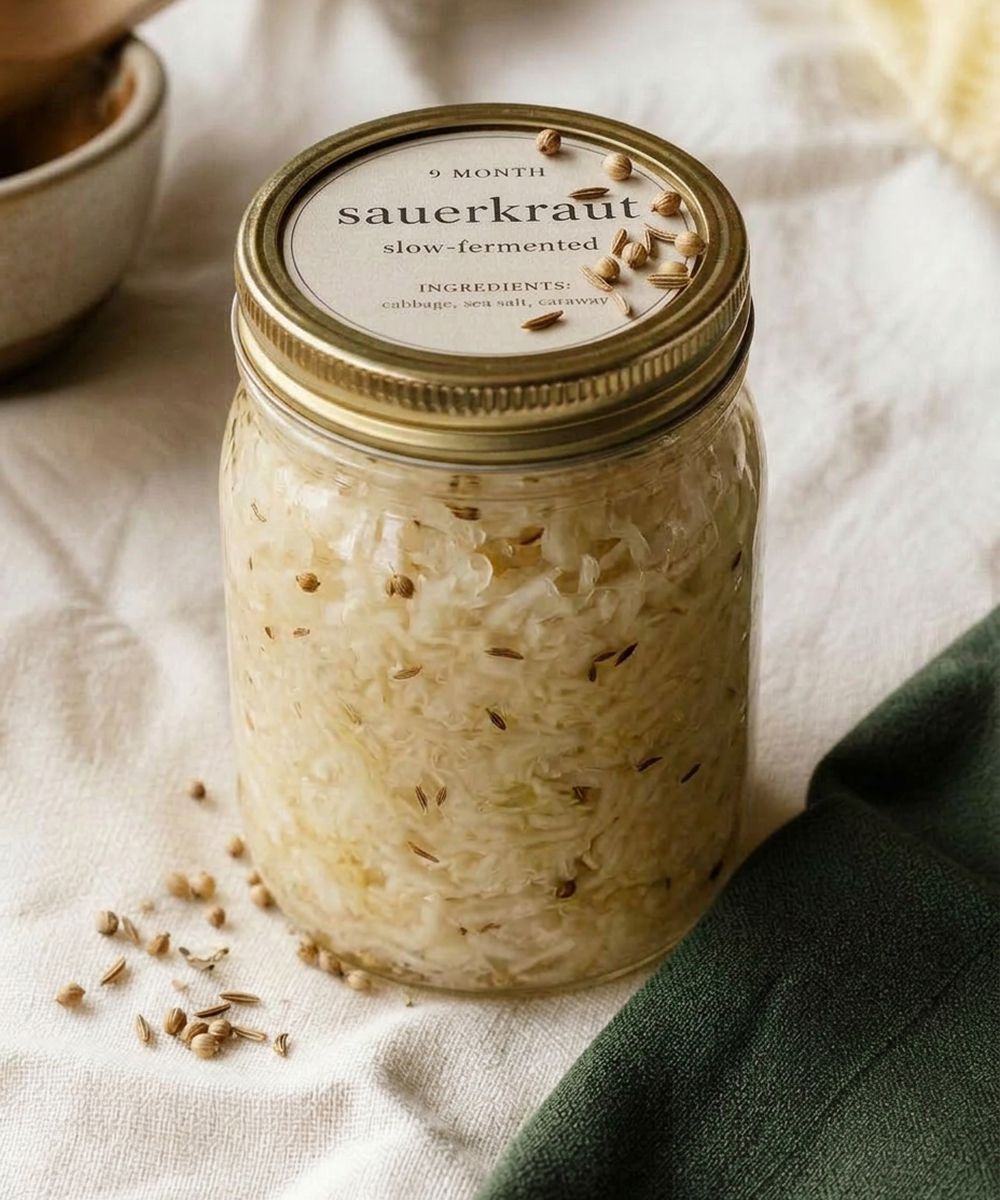 **9-Month Slow Sauerkraut**  
Organic cabbage, sea salt, organic coriander, caraway, and cumin seeds.