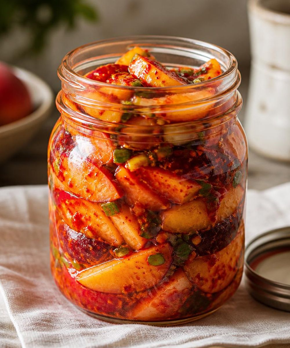 **Stonefruit Kimchi Blend**  
Nectarine, peach, and plum. Spicy, sweet, tangy, nmistakably summer.