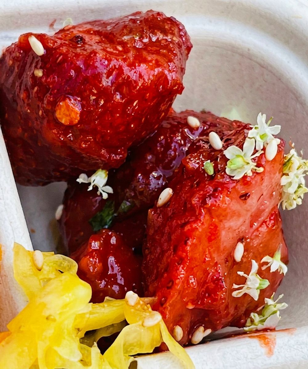 **Strawberry Kimchi**  
Fresh strawberries fermented into a bright, tangy, slightly spicy jar. Summer's sweetest surprise.