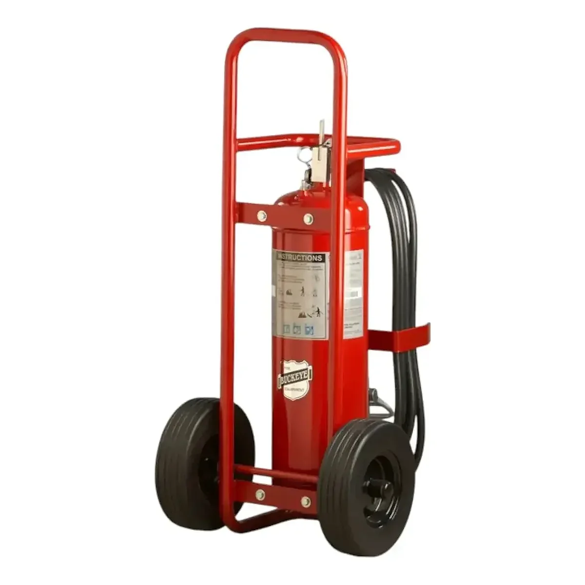 Buckeye 50 lb ABC dry chemical wheeled fire extinguisher on a two-wheel cart with semi-pneumatic rubber tires, model A-50-SP, rated 10-A:160-B:C — example of a wheeled portable extinguisher in NFPA 10's scope.