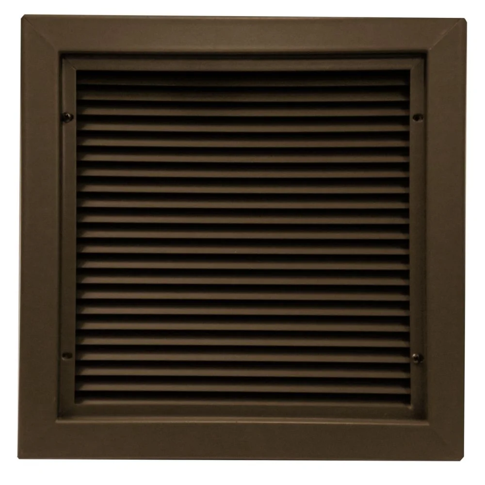 600 series door louver in bronze, with closely spaced inverted V blades inside a flat face frame