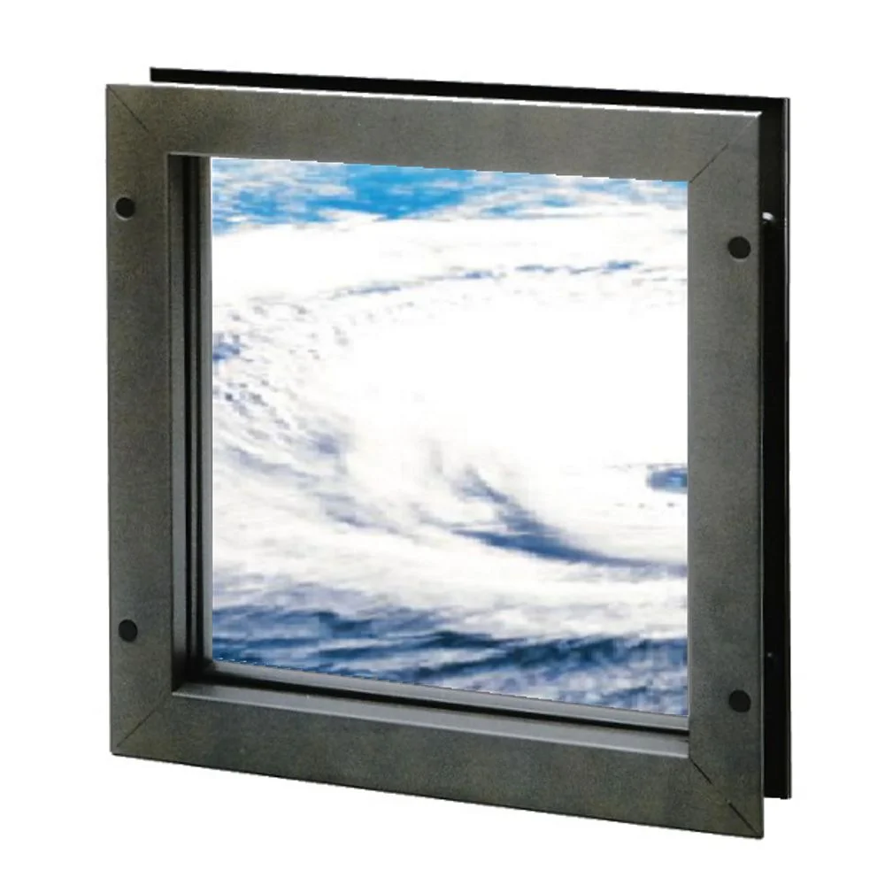 VLFIGHRC hurricane vision lite PAK with a dark gray square frame and bolt heads in the trim, a satellite image of a hurricane behind the glass