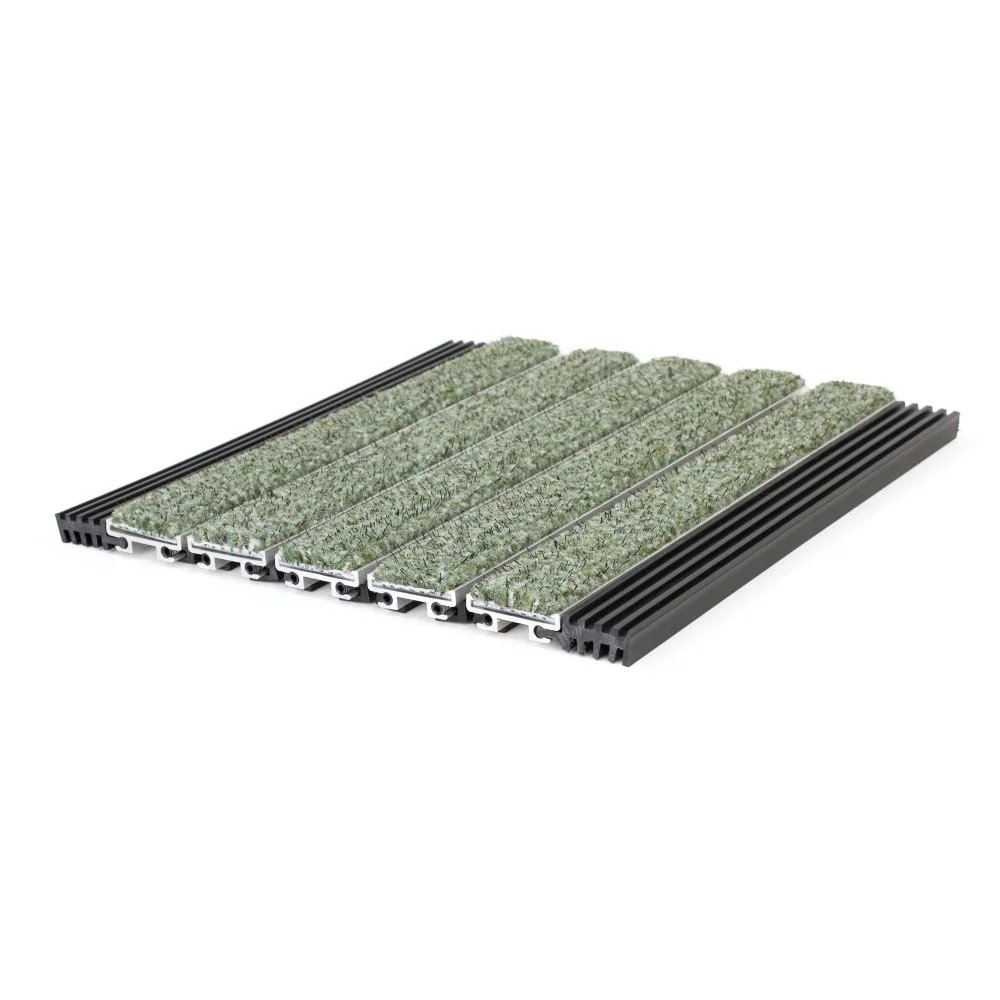 Activ-Grate 400 roll-up grate section with mint green carpet treads on aluminum rails, with black end pieces