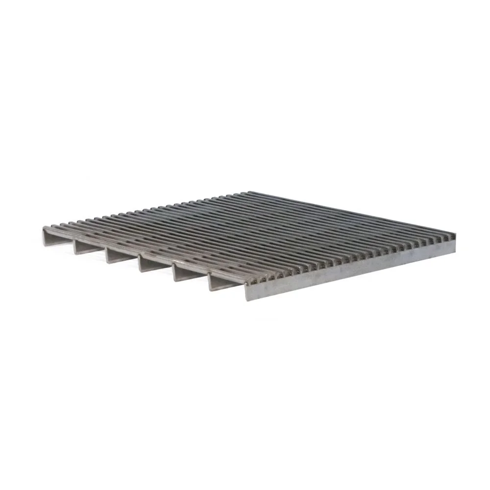 Activ-Grille 500 stainless steel grille section in a satin finish, with closely spaced bars, shown from a low angle