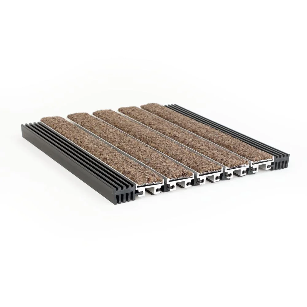 Activ-Grate 600 roll-up grate section with brown carpet treads on aluminum rails and black end hinges