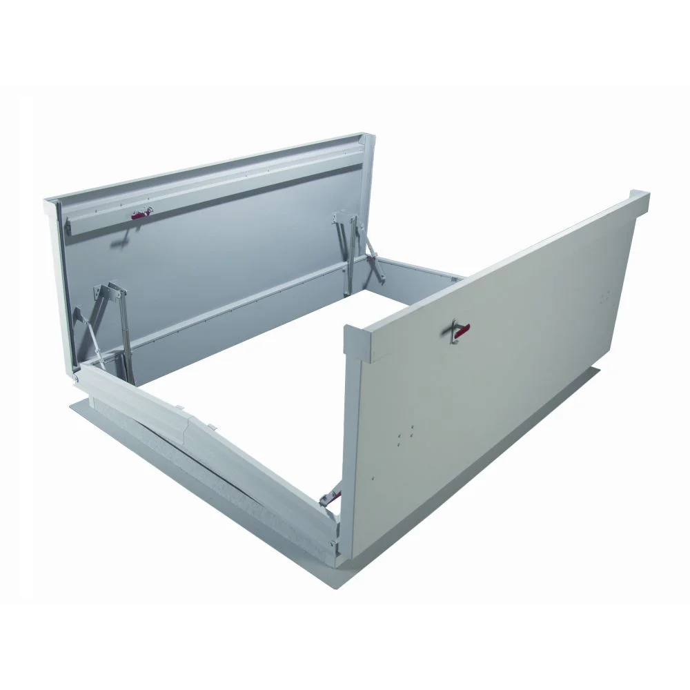 REH equipment hatch, open, with both insulated doors raised on hold-open arms over a wide curb