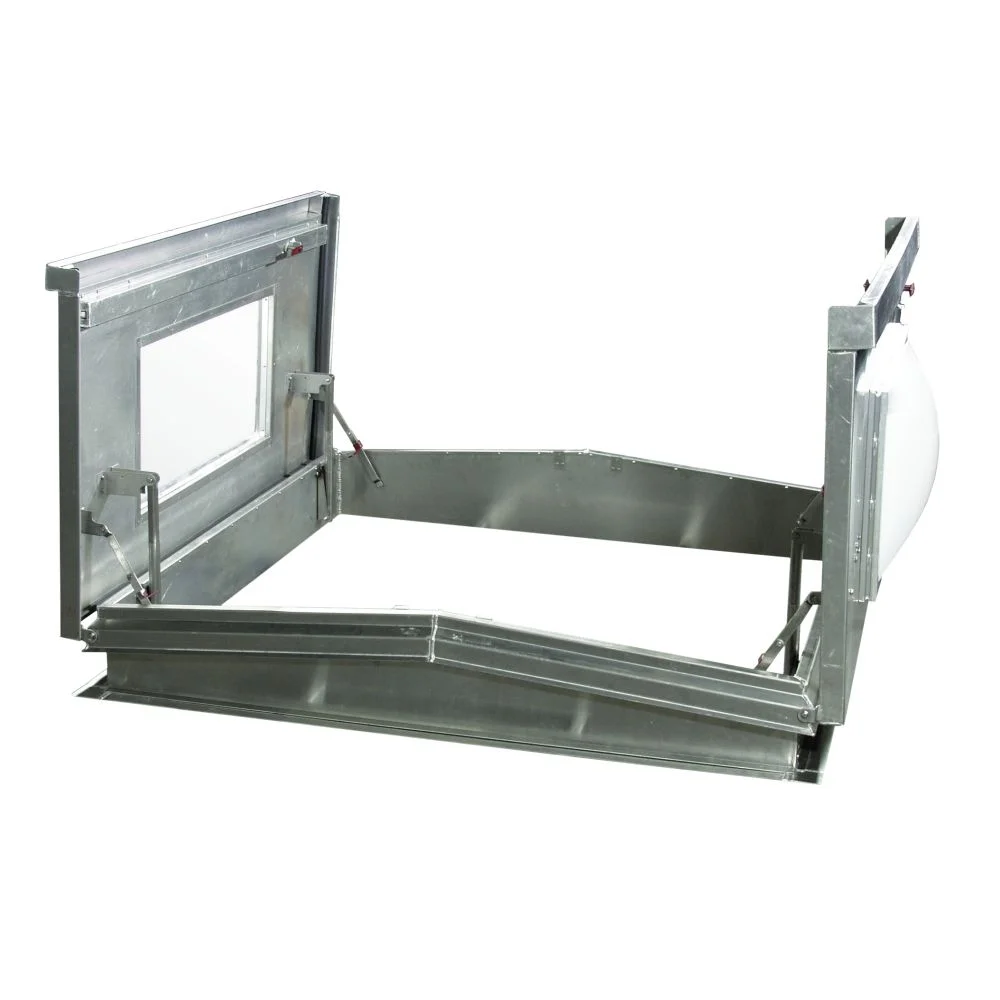 REHV domed equipment hatch, open, with both doors raised showing the clear over white polycarbonate domes