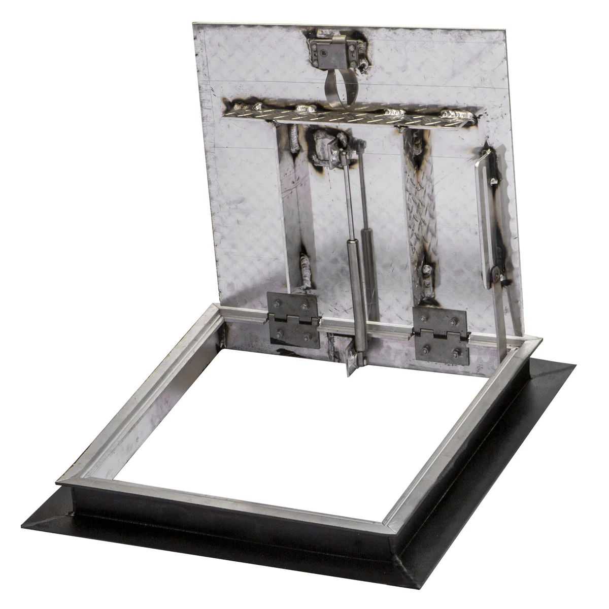 FLDA angled floor door, open, showing the gas spring, hinges and hold-open arm under the diamond plate cover, on a coated anchoring flange