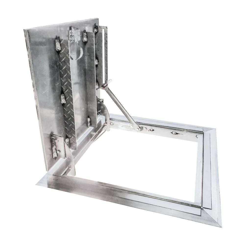 FLDR recessed floor door, open, showing the smooth plate cover with stiffeners and its hold-open arm