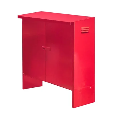 HECIGL fire hose equipment cabinet in red, closed, on the 12 in legs, with two doors, a padlock hasp, side louvers and an angled top