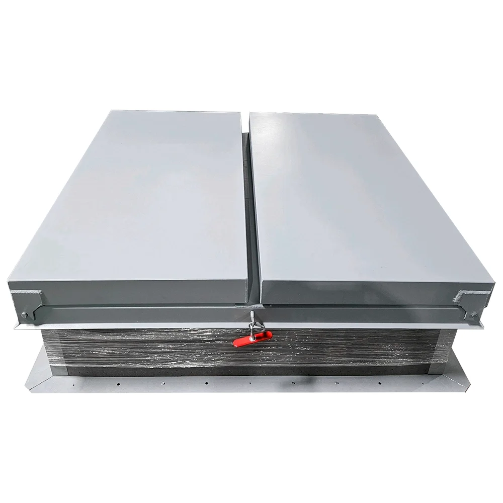 RVF smoke vent, closed, with two flat gray aluminum doors on an insulated steel curb and a red pull handle