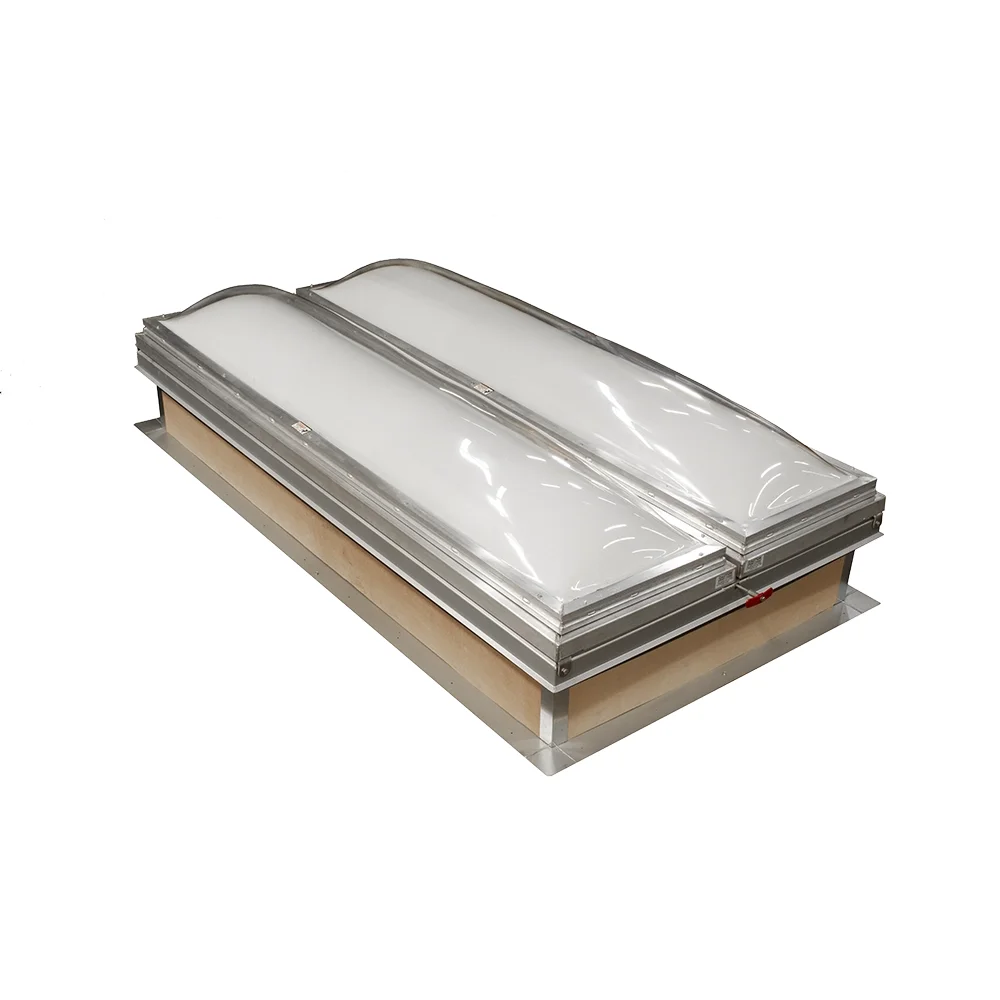 RVFV domed smoke vent, closed, with two clear over white polycarbonate domes in aluminum frames on the curb