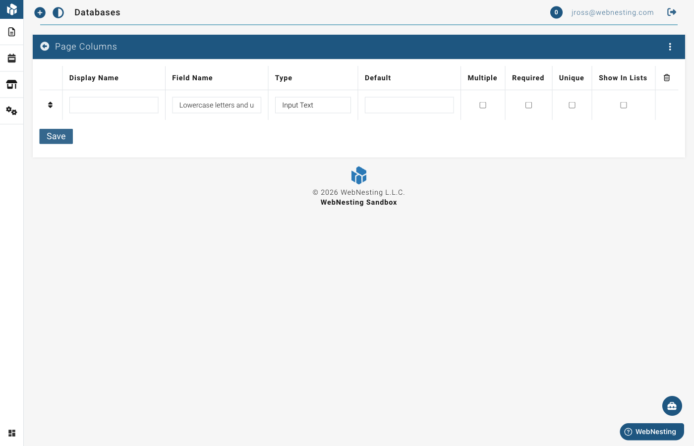 The table editor showing columns and their configuration