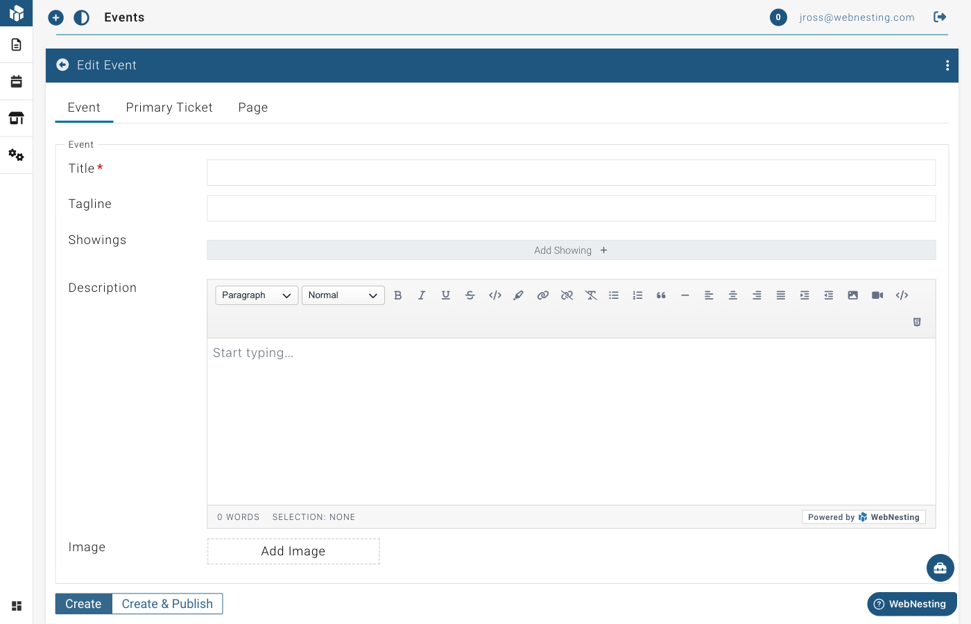 The event editor with showings and ticket configuration