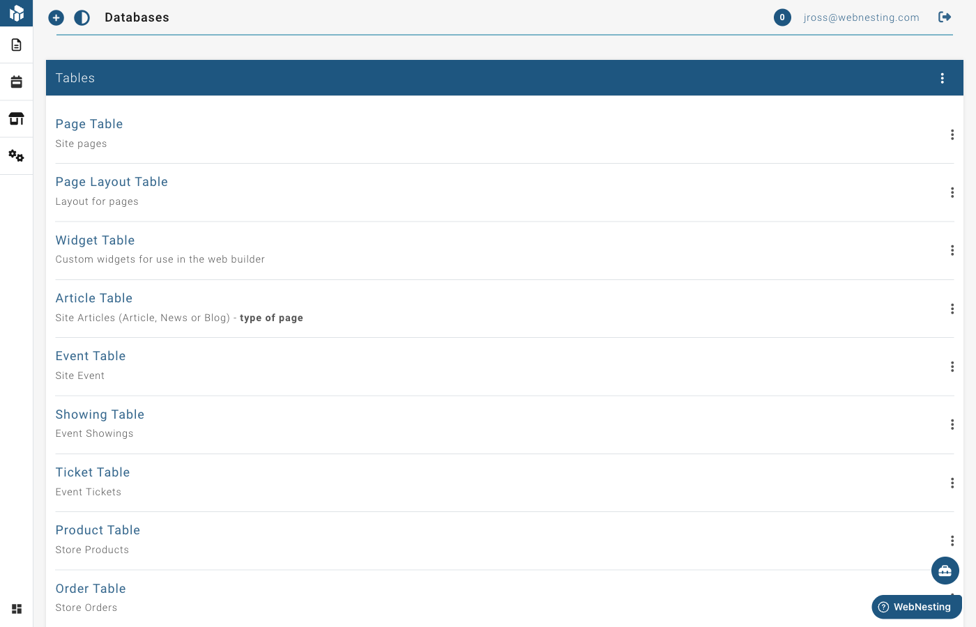 The Database Tables page listing available tables with their descriptions