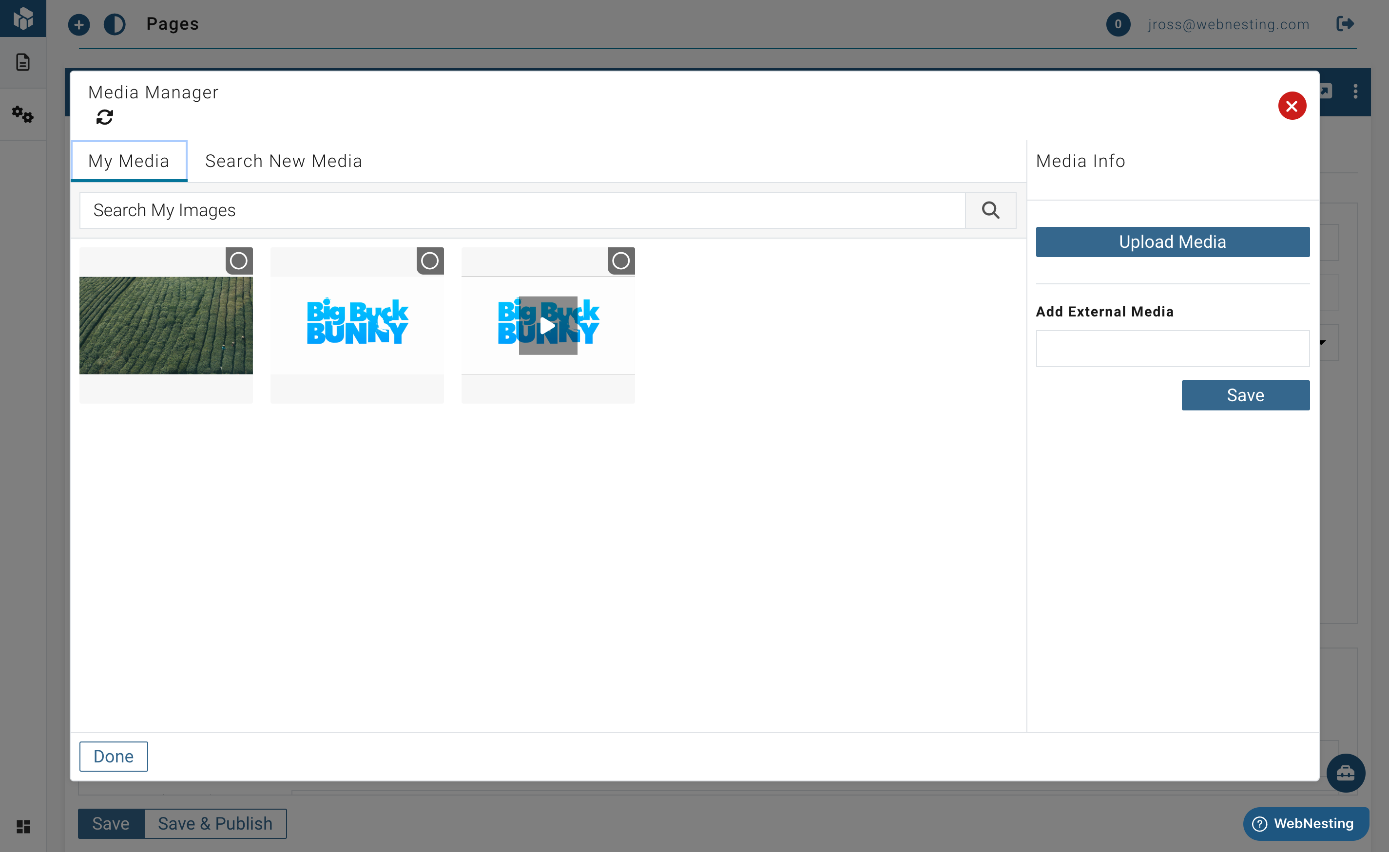The Media Manager showing uploaded images with search, upload, and external media options