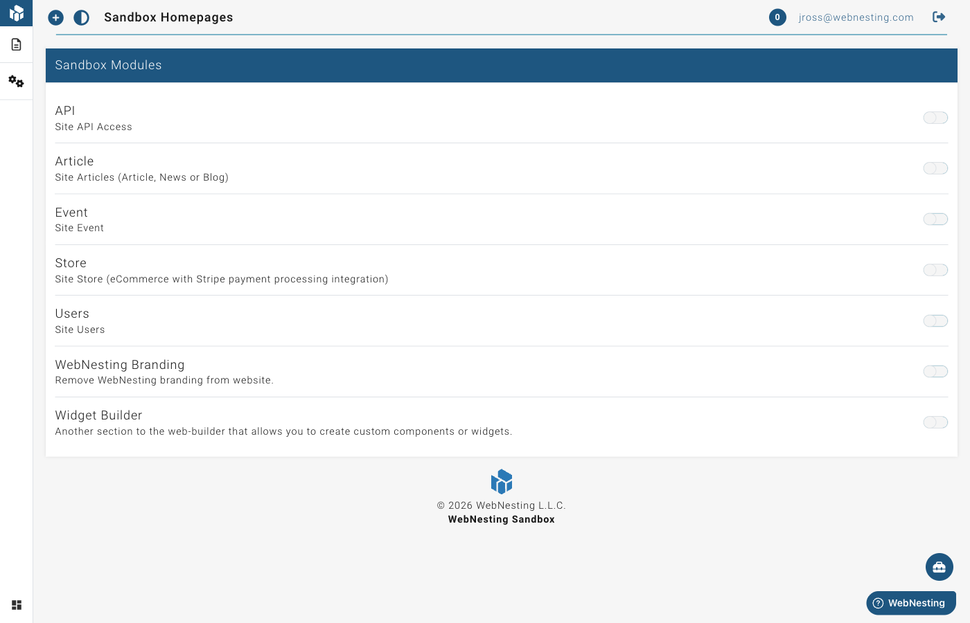 The modules list showing available features with enable/disable toggles