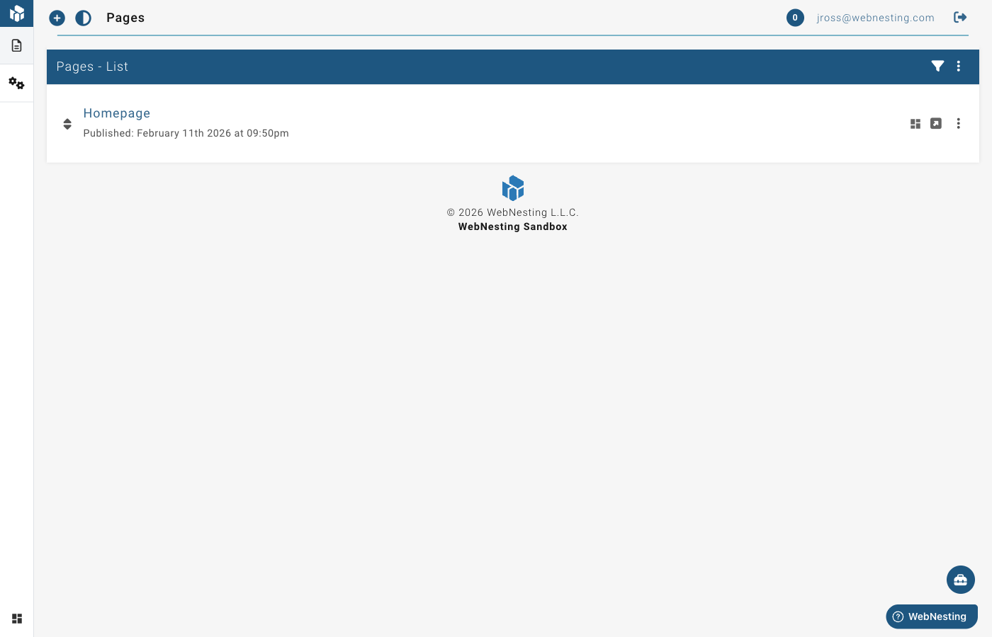 The pages list in the dashboard
