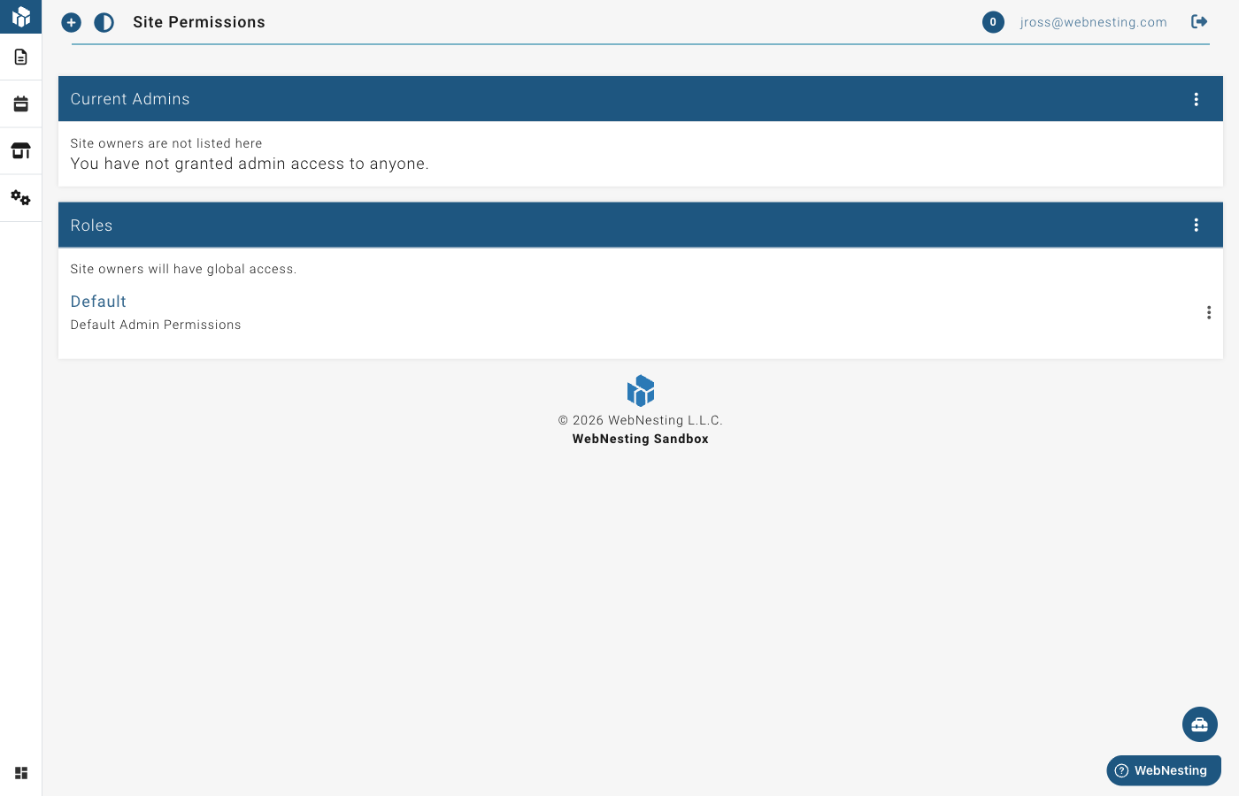 The Permissions page showing current admins and roles sections