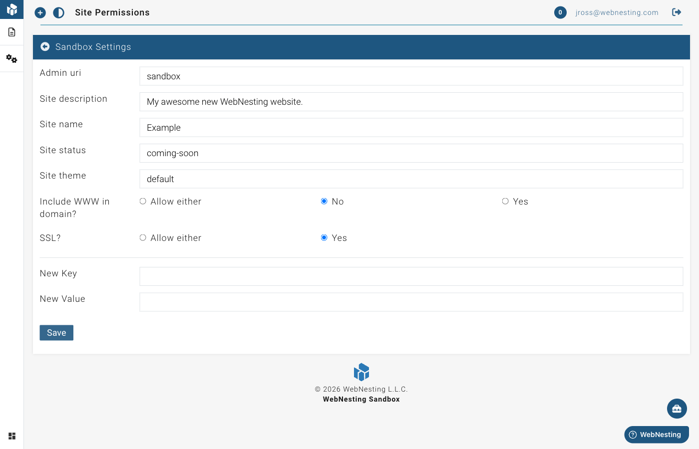 The site settings page with categories for SEO, Google, Social Media, and more