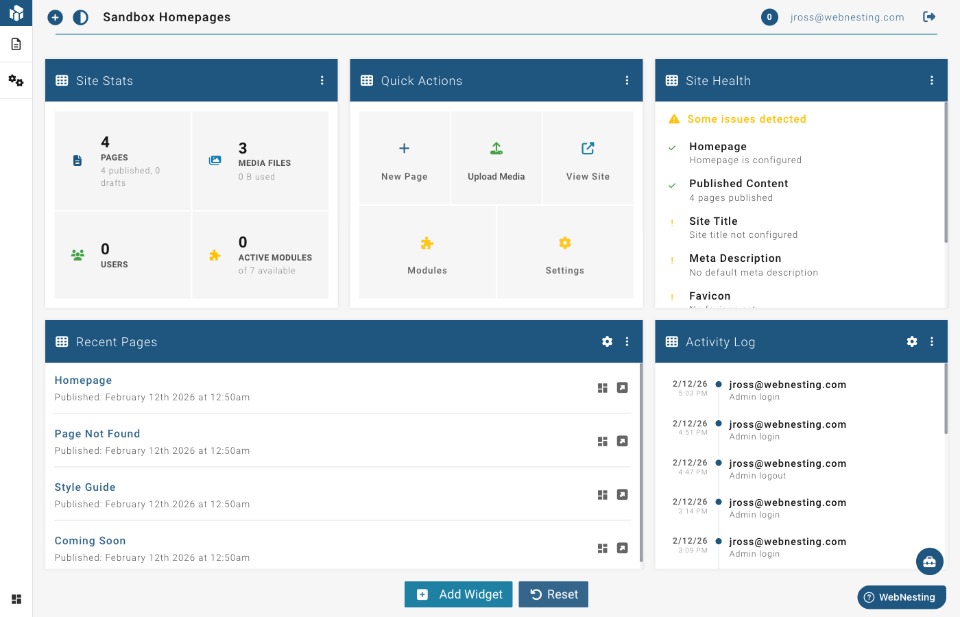 The Dashboard home screen with widgets