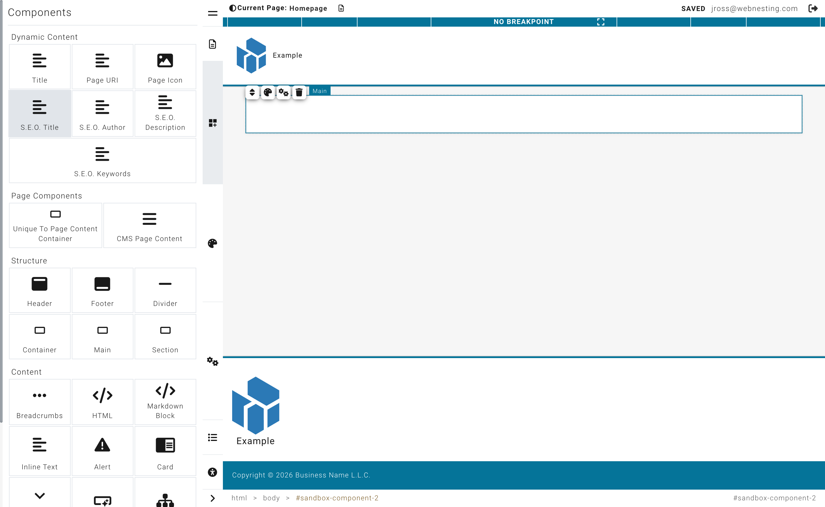 The Component Palette showing categories like Dynamic Content, Structure, Content, and Media