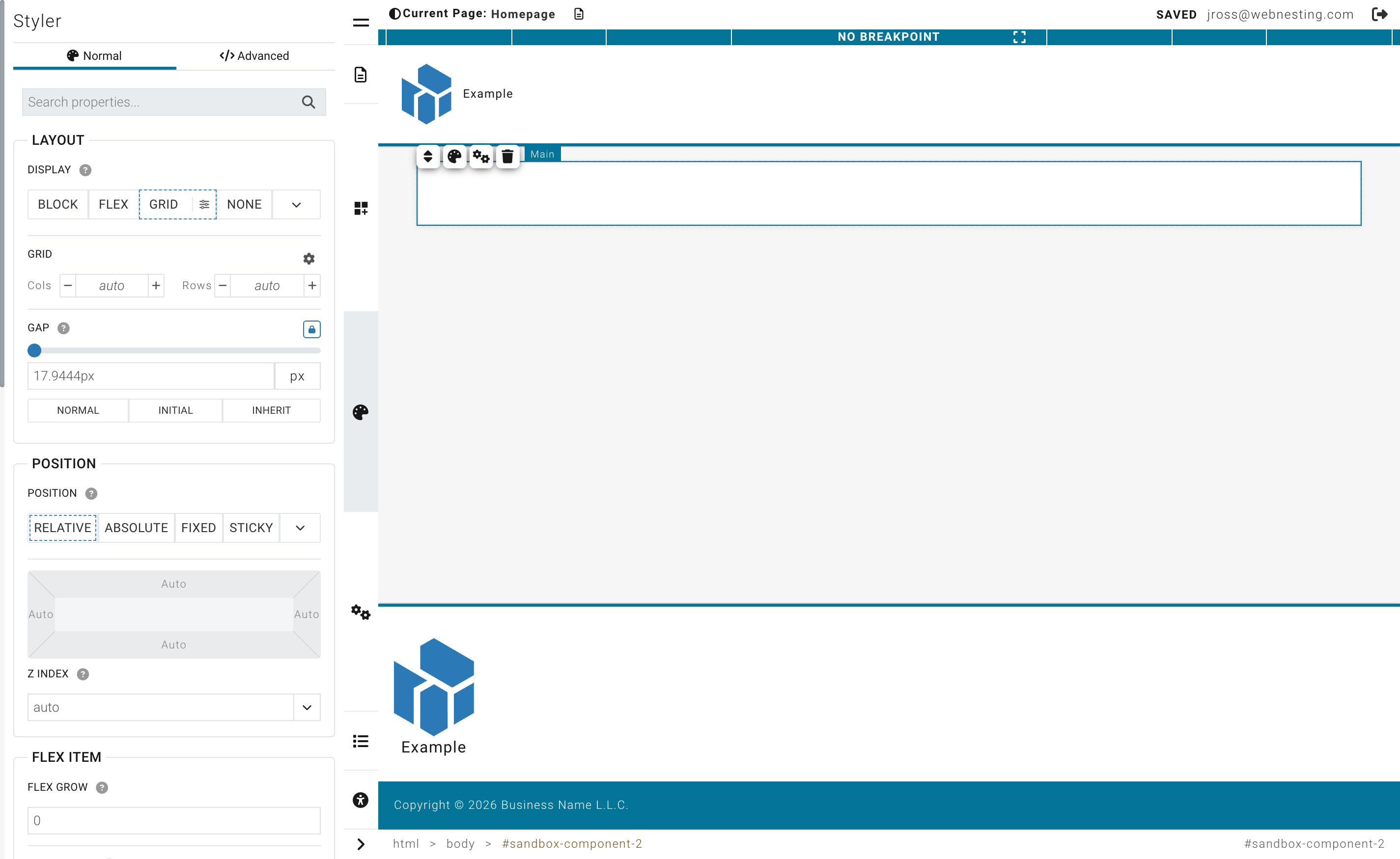 The Styler panel showing Layout, Position, and Spacing controls for a selected element