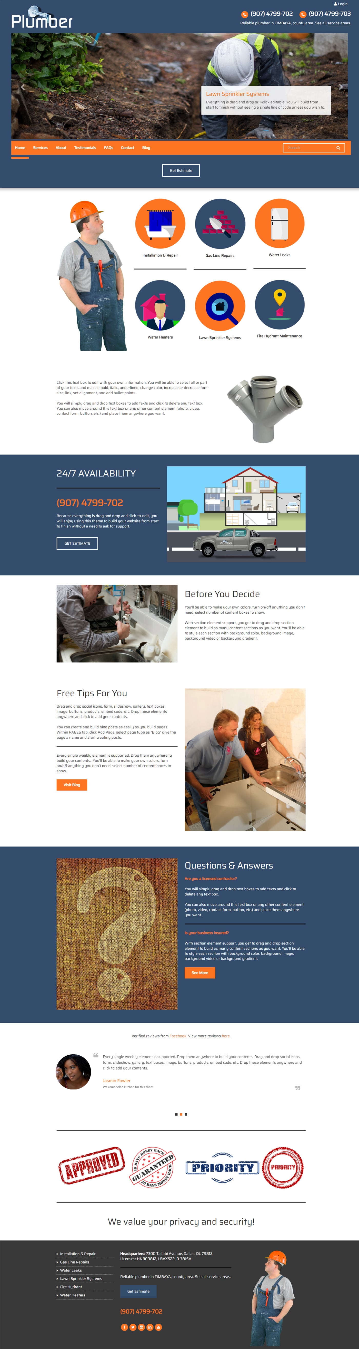 Plumber website theme for plumbing, roofers, repairs website, construction and handyman