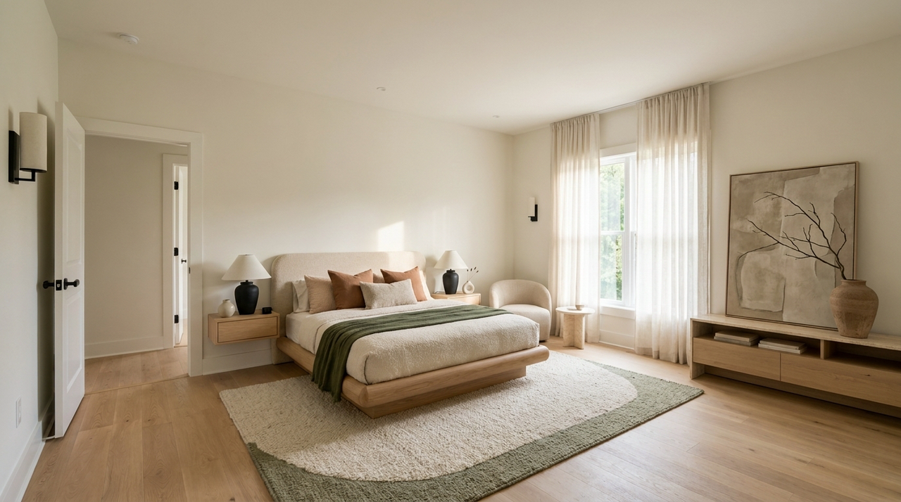 Primary bedroom furnished through AI virtual staging with Astage AI