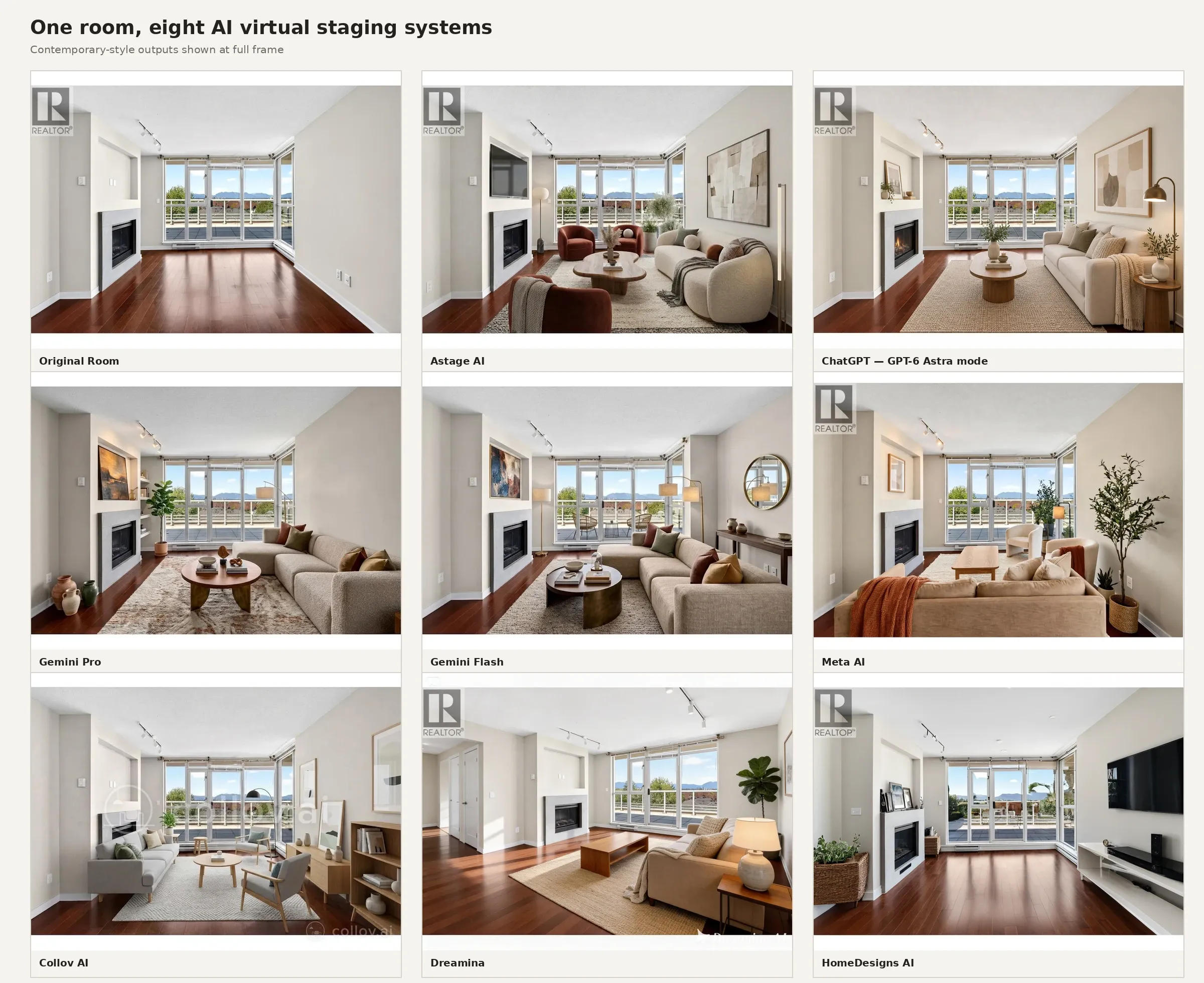 Same living room staged by eight AI virtual staging tools