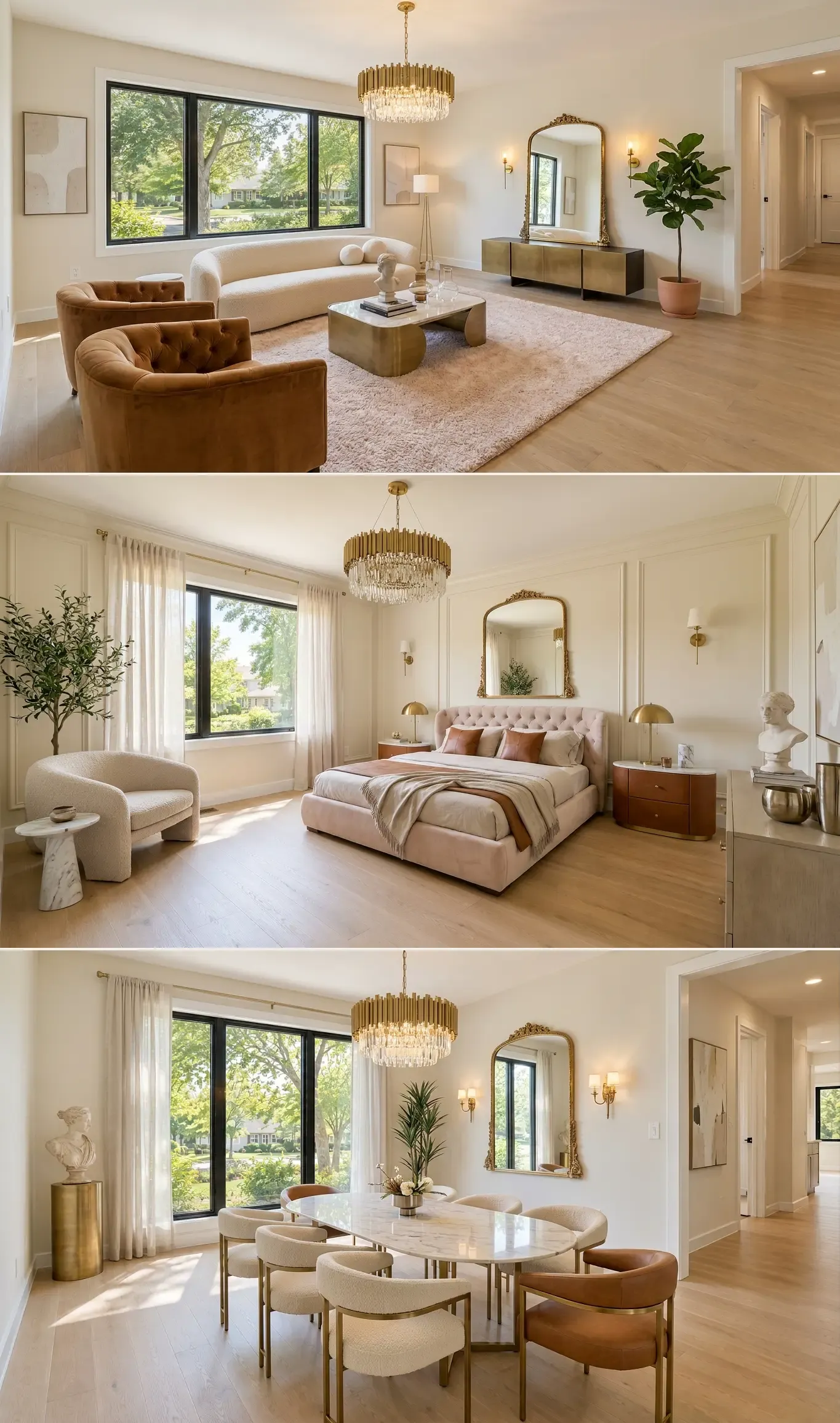 Living room bedroom and dining room virtually staged with Astage AI