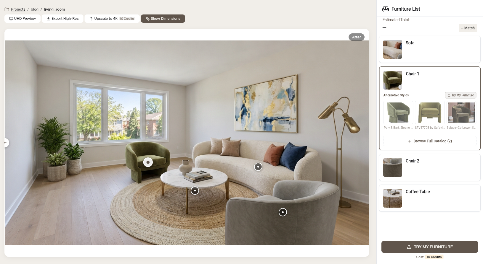 Real furniture product connected to an Astage AI virtual staging design